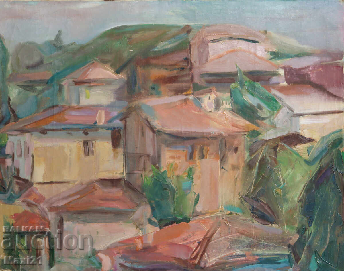 Стара картина маслени бои градски пейзаж