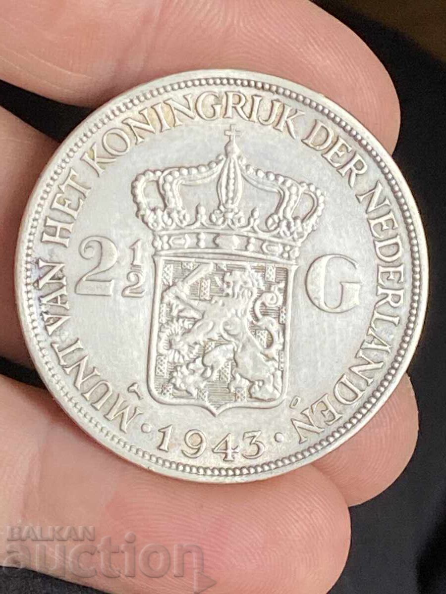 Netherlands 2 1/2 Gulden 1943 Wilhelmina Silver with price 55.00 BGN | € 28.12 Netherlands 2 1/2 Gulden 1943 Wilhelmina Silver with price 55.00 BGN | € 28.12