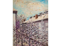 Peisaj urban, tablou vechi, ulei pe pânză