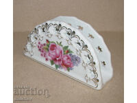 Porcelain napkin holder, openwork with roses and gold plating, excellent condition
