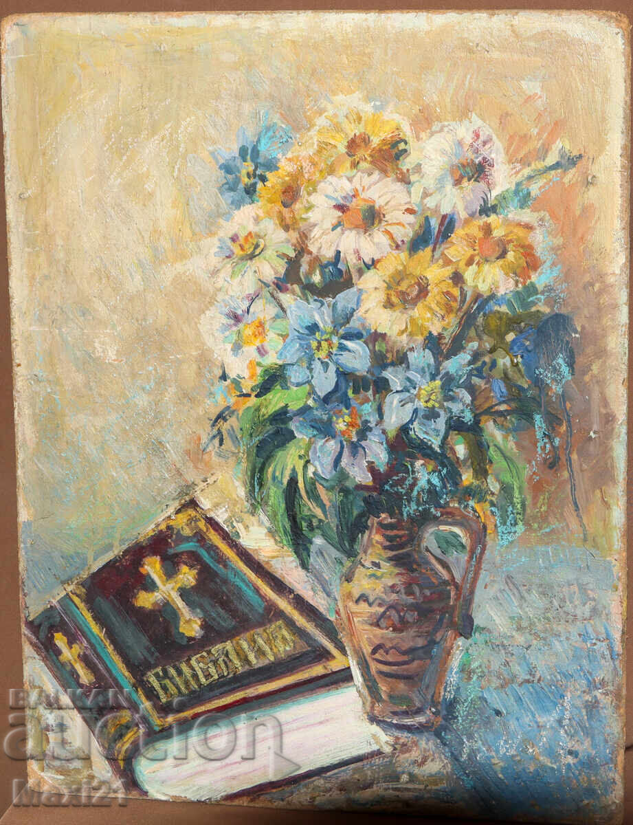 Δημοπρασία Έργο ζωγραφικής με λάδι νεκρή φύση Βίβλος και βάζο με λουλούδια