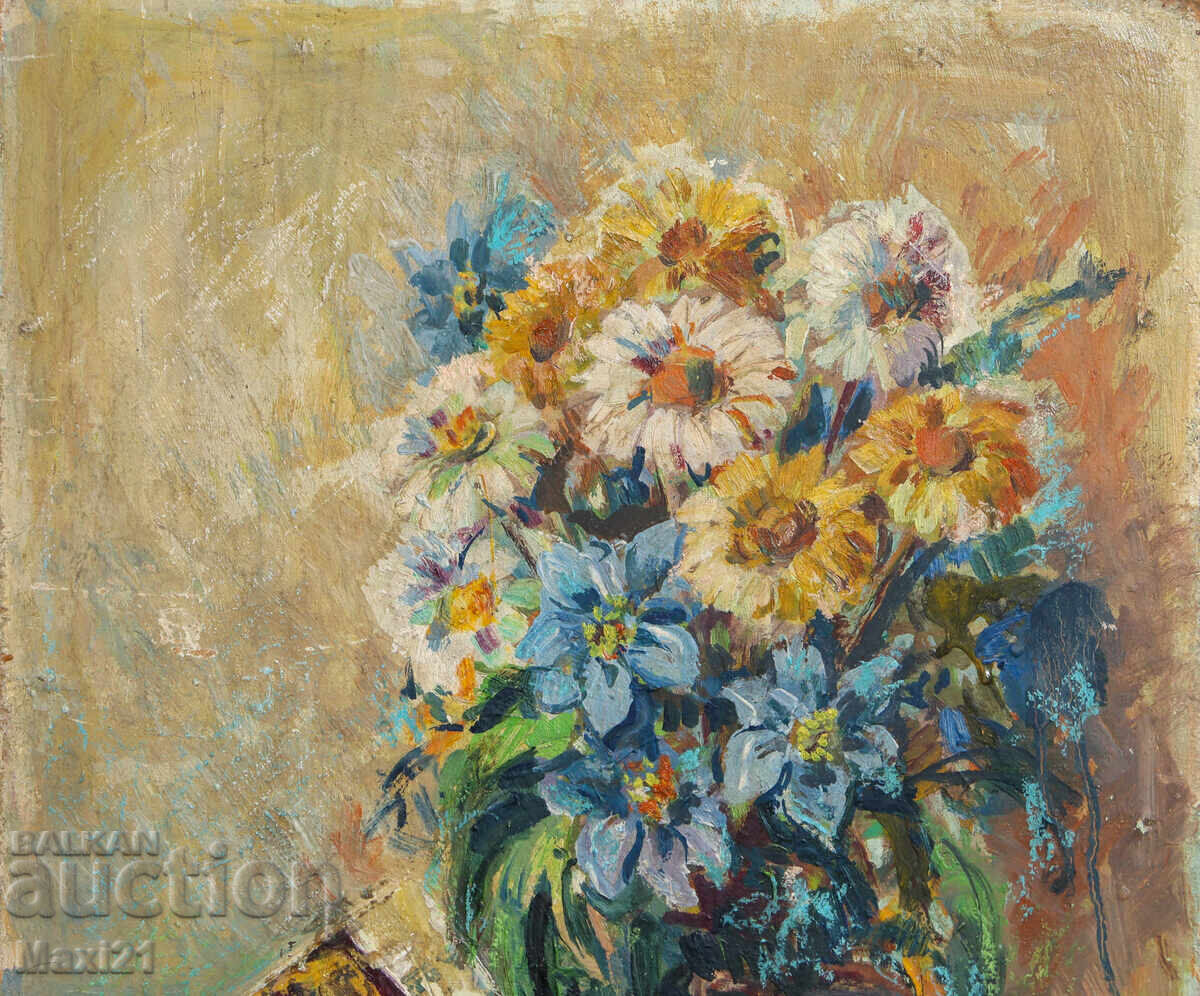 Παράδοση Έργο ζωγραφικής με λάδι νεκρή φύση Βίβλος και βάζο με λουλούδια