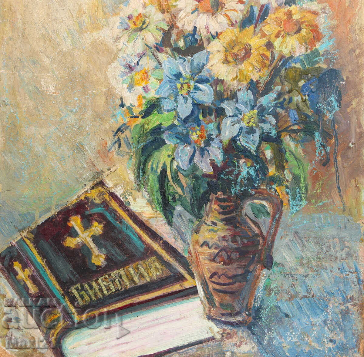 Έργο ζωγραφικής με λάδι νεκρή φύση Βίβλος και βάζο με λουλούδια - 5