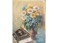Oil painting still life Bible and vase with flowers