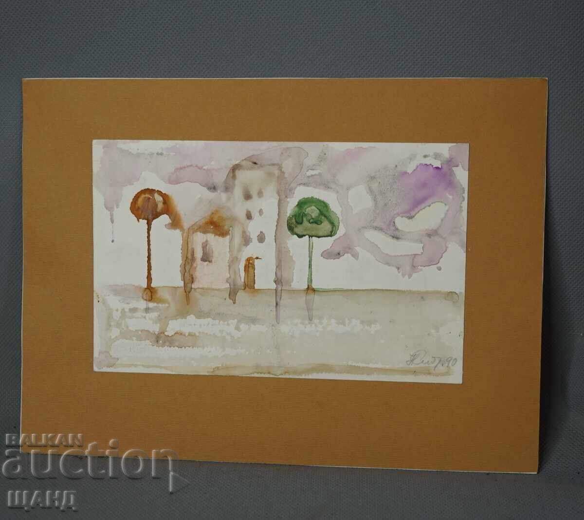 Παλιά Μαεστρική Ζωγραφική Έργο Τέχνης Ακουαρέλα Τοπίο Δέντρα