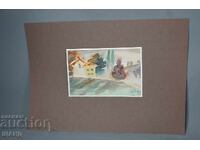 Παλιά αριστοτεχνική ζωγραφική, ακουαρέλα, τοπίο, σπίτια