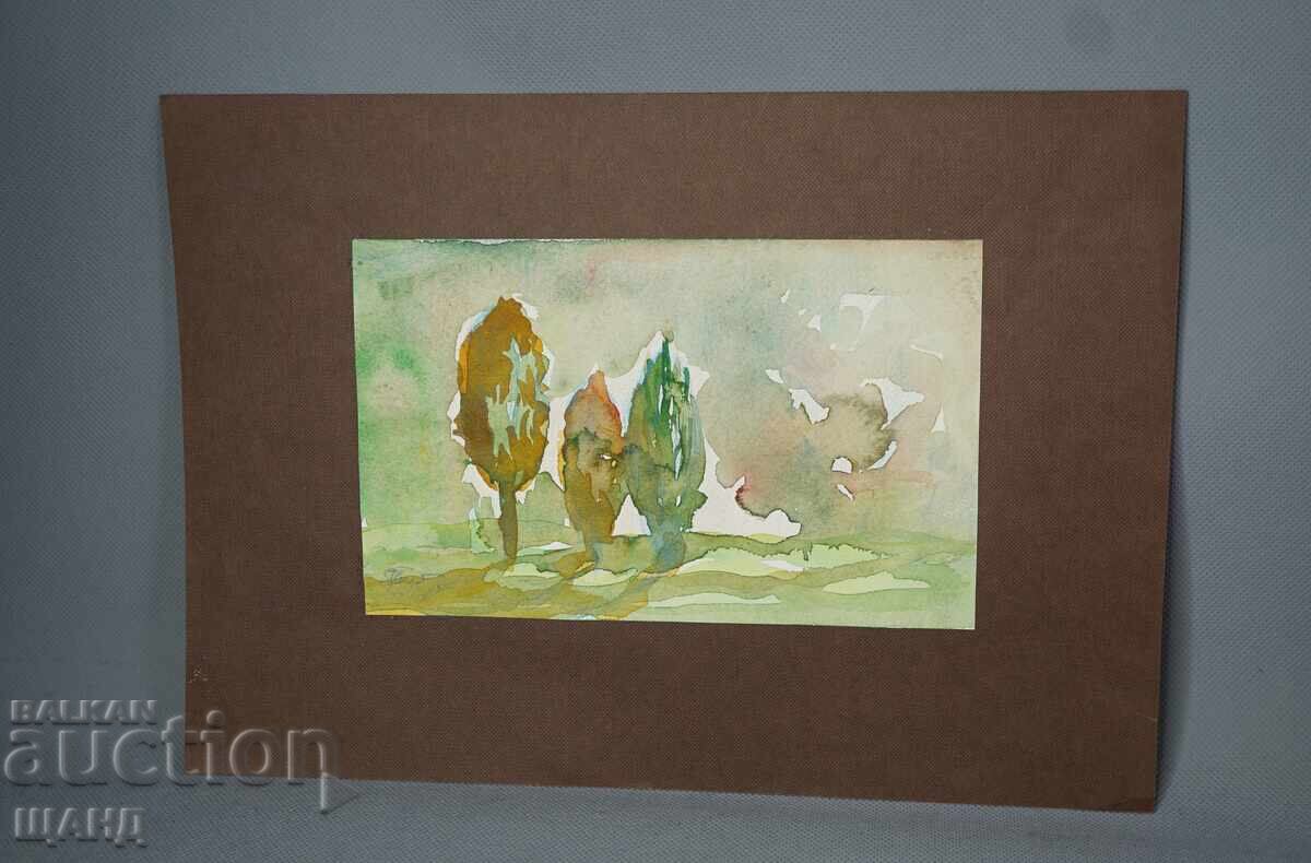 Veche pictură de maestru, acuarelă, peisaj, copaci