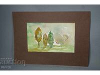 Veche pictură de maestru, acuarelă, peisaj, copaci