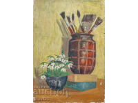 Έργο ζωγραφικής με λάδι νεκρή φύση χιονανθούς και πινέλα ζωγραφικής