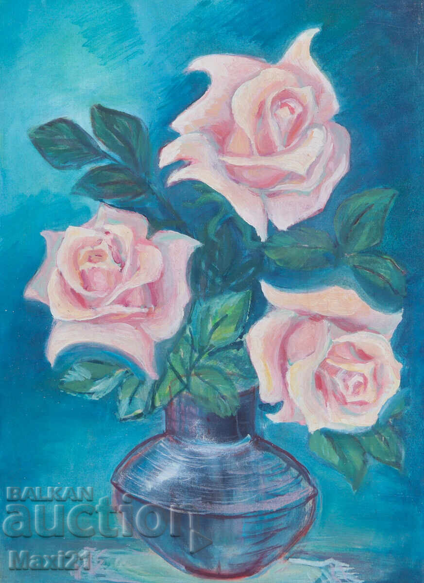 Auction  Oil painting still life vase with roses