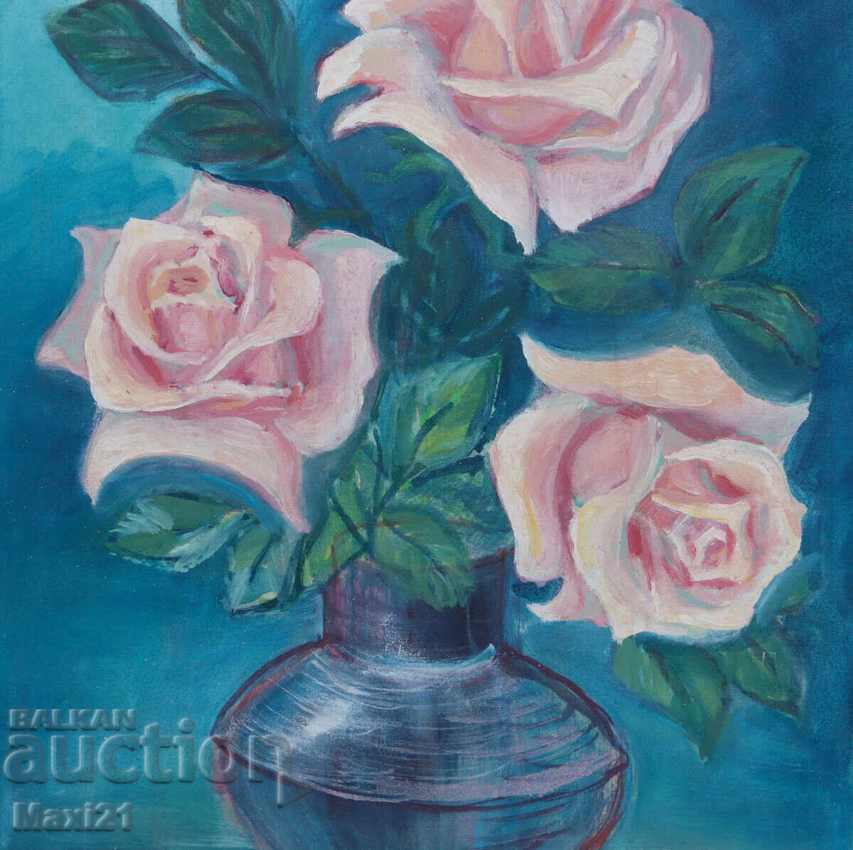 Oil painting still life vase with roses - 5