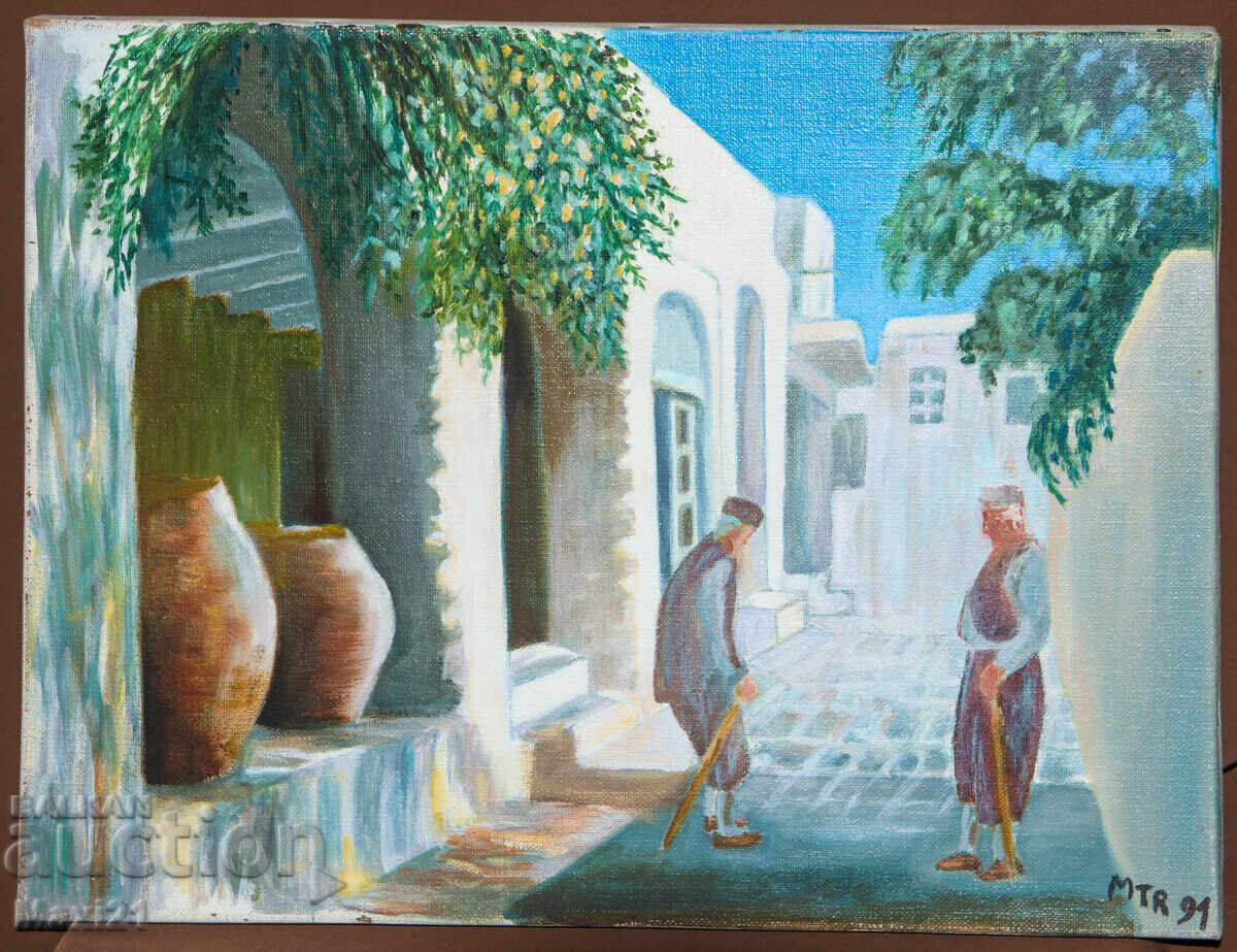 Δημοπρασία Τοπίο, φιγούρα ελαιογραφία υπογεγραμμένη 1991