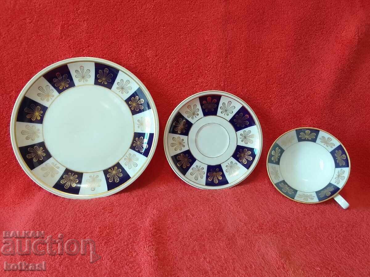 Auction  Star triple set Lettin - cup, 2 plates Germany gold plating Cobalt