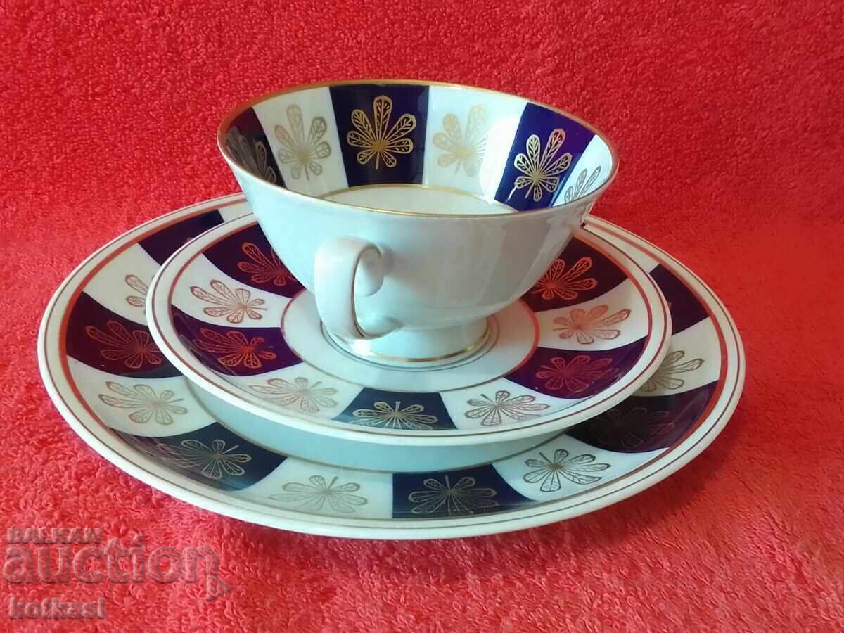 Star triple set Lettin - cup, 2 plates Germany gold plating Cobalt