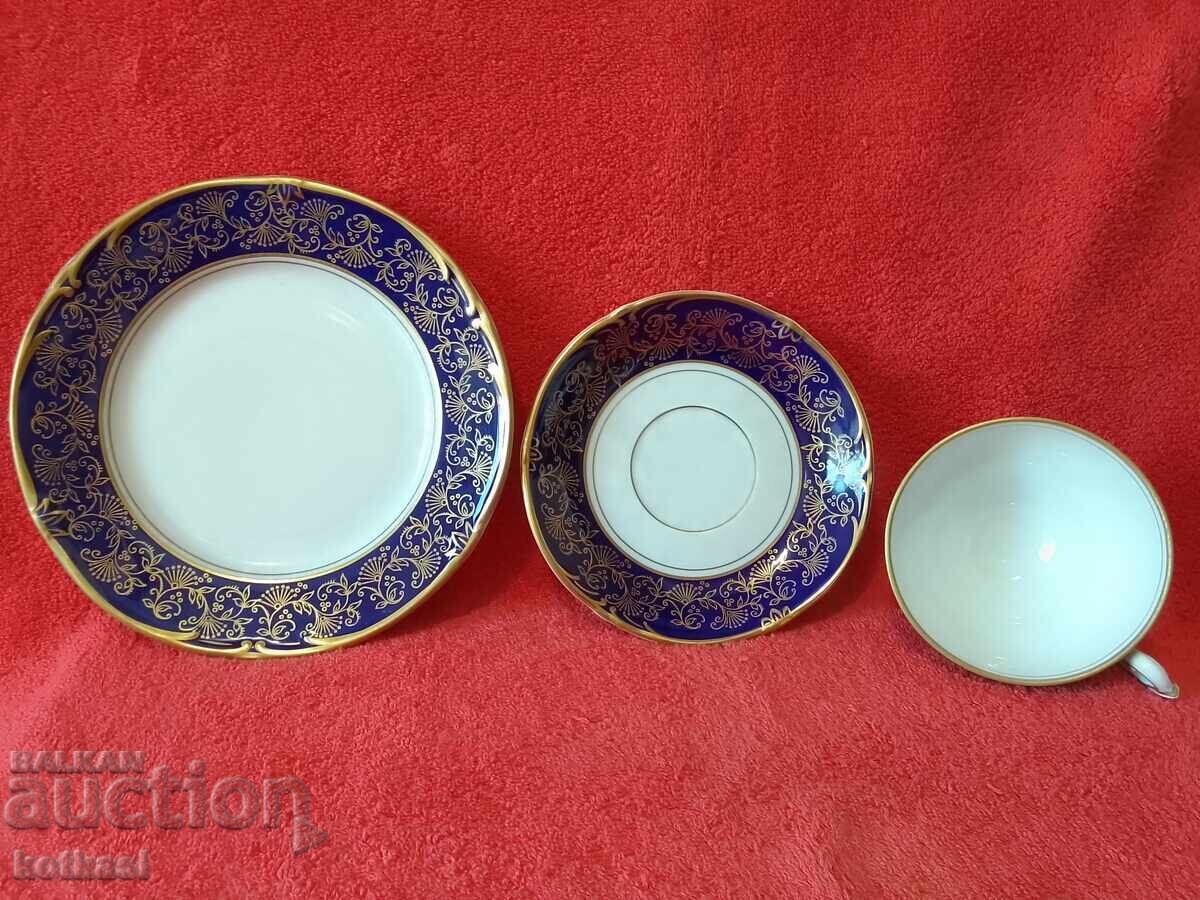 Licitație Set vechi triplu PMP ceașcă, 2 farfurii, aurire Cobalt RDG GDR