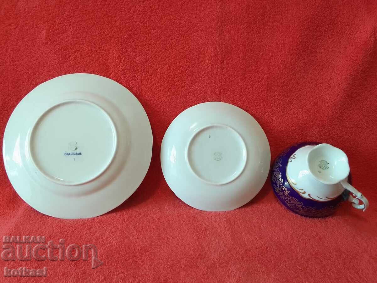 Livrarea Set vechi triplu PMP ceașcă, 2 farfurii, aurire Cobalt RDG GDR