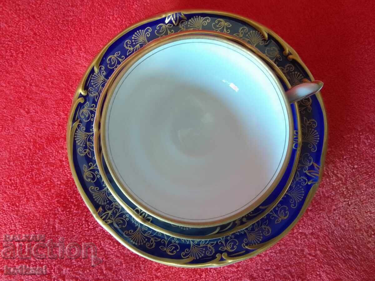 Set vechi triplu PMP ceașcă, 2 farfurii, aurire Cobalt RDG GDR - 7