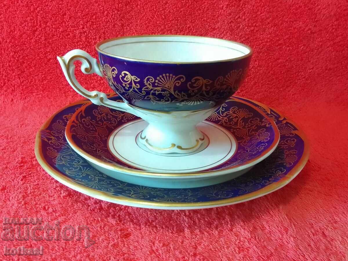 Set vechi triplu PMP ceașcă, 2 farfurii, aurire Cobalt RDG GDR