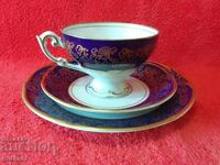 Set vechi triplu PMP ceașcă, 2 farfurii, aurire Cobalt RDG GDR