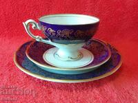 Set vechi triplu PMP ceașcă, 2 farfurii, aurire Cobalt RDG GDR