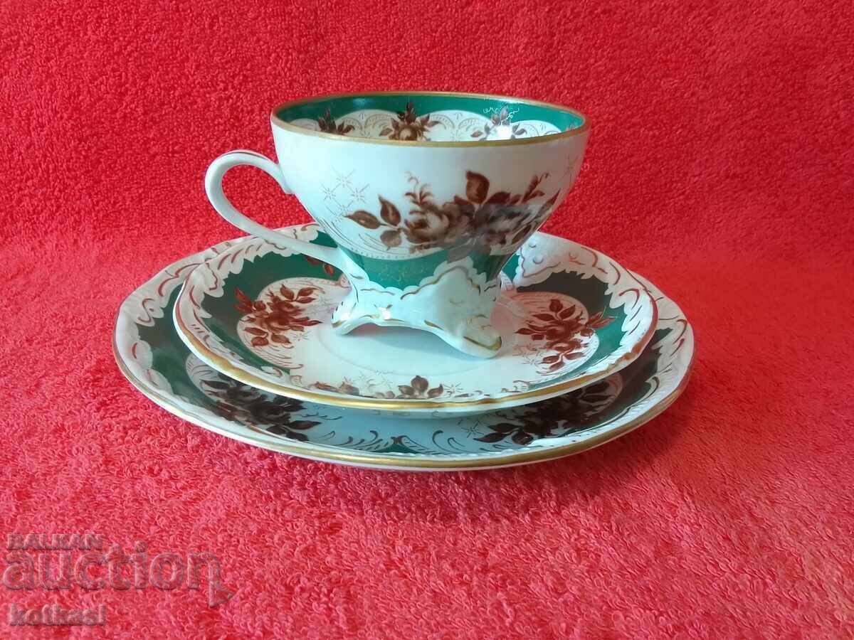 Παλιό σετ τριών τεμαχίων PMP φλιτζάνι, 2 πιάτα, επιχρύσωση GDR GDR