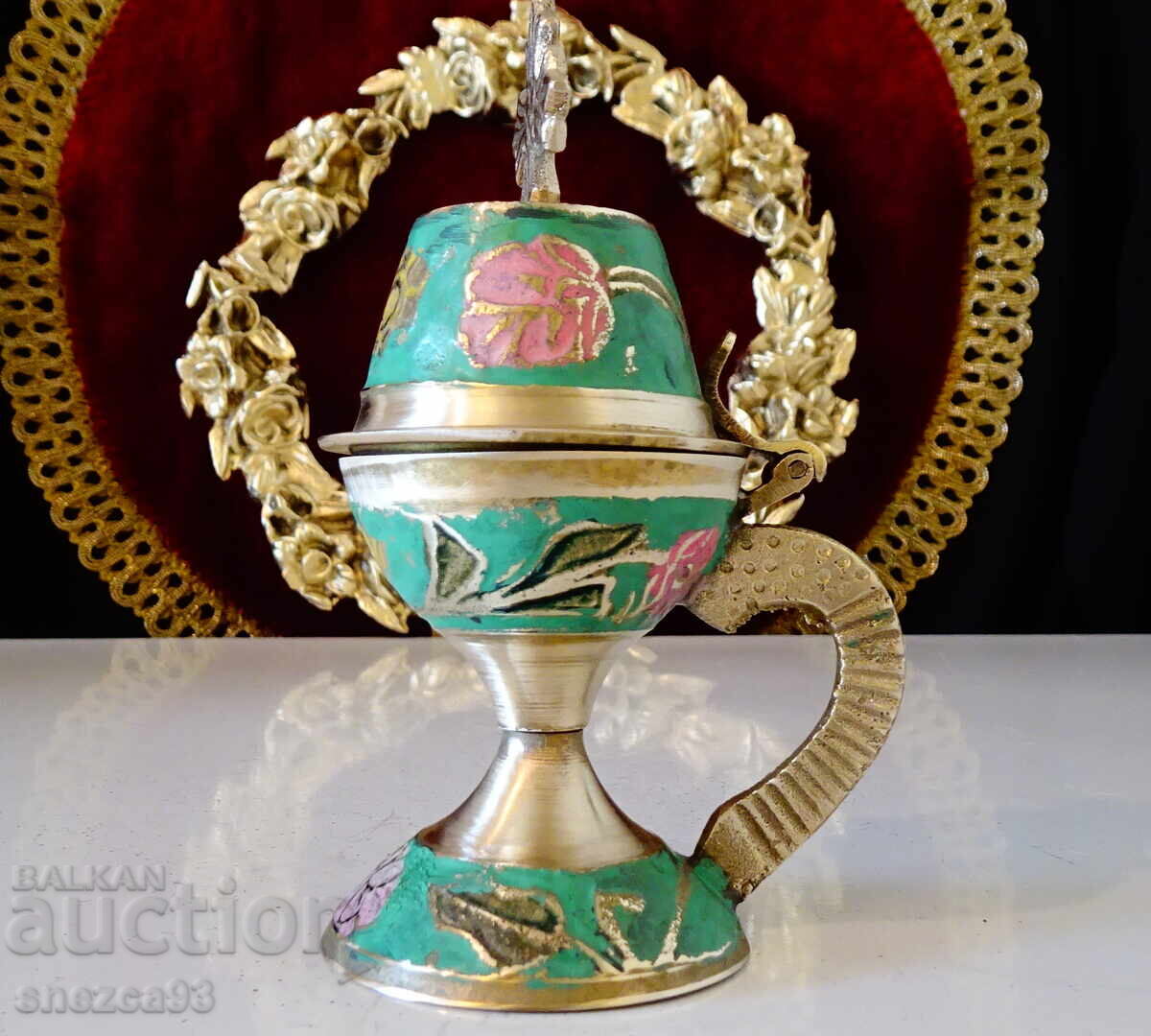 Orthodox bronze oil lamp, censer, cloisonné enamel with price 49.00 BGN | € 25.05
