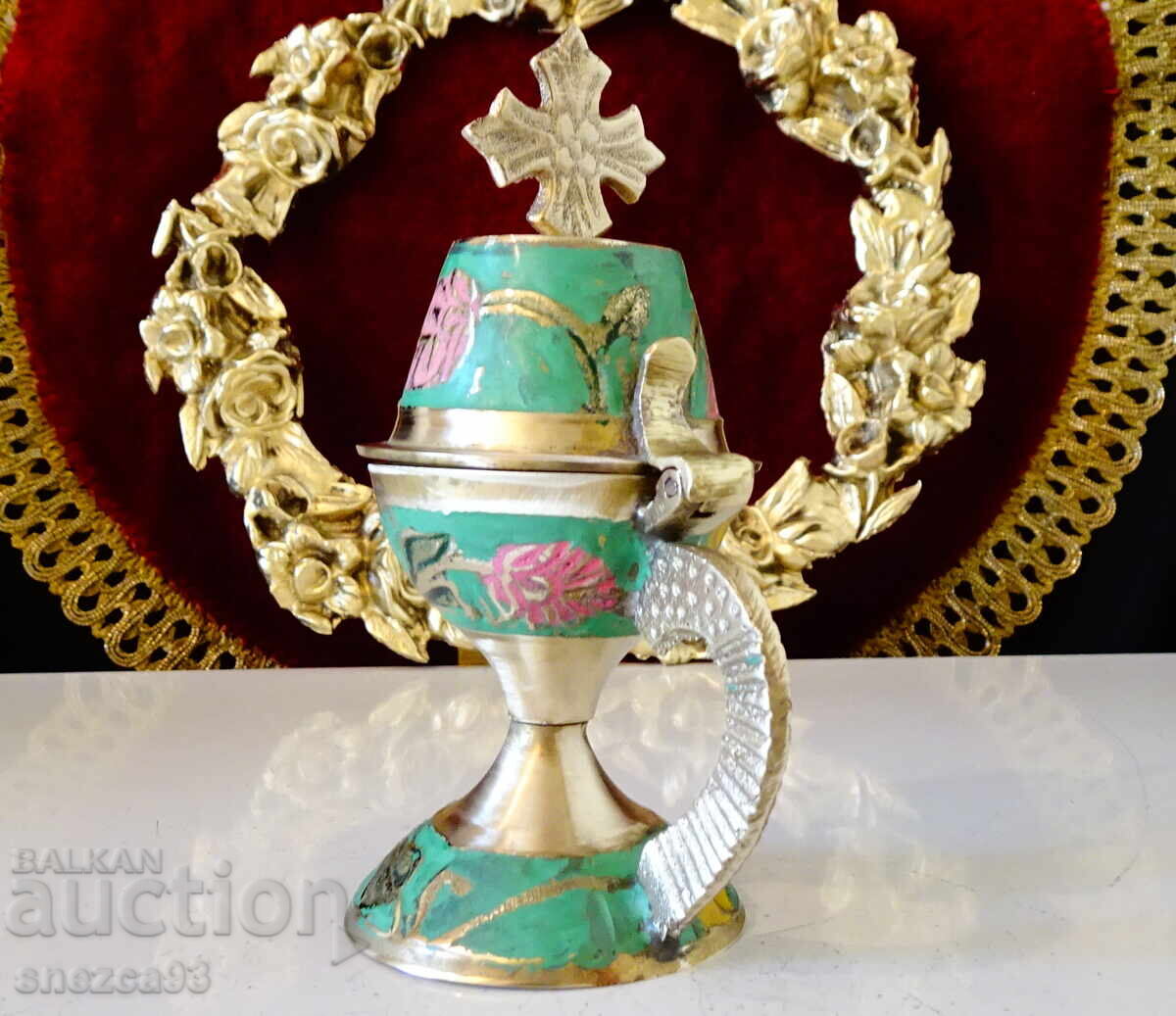 Auction  Orthodox bronze oil lamp, censer, cloisonné enamel