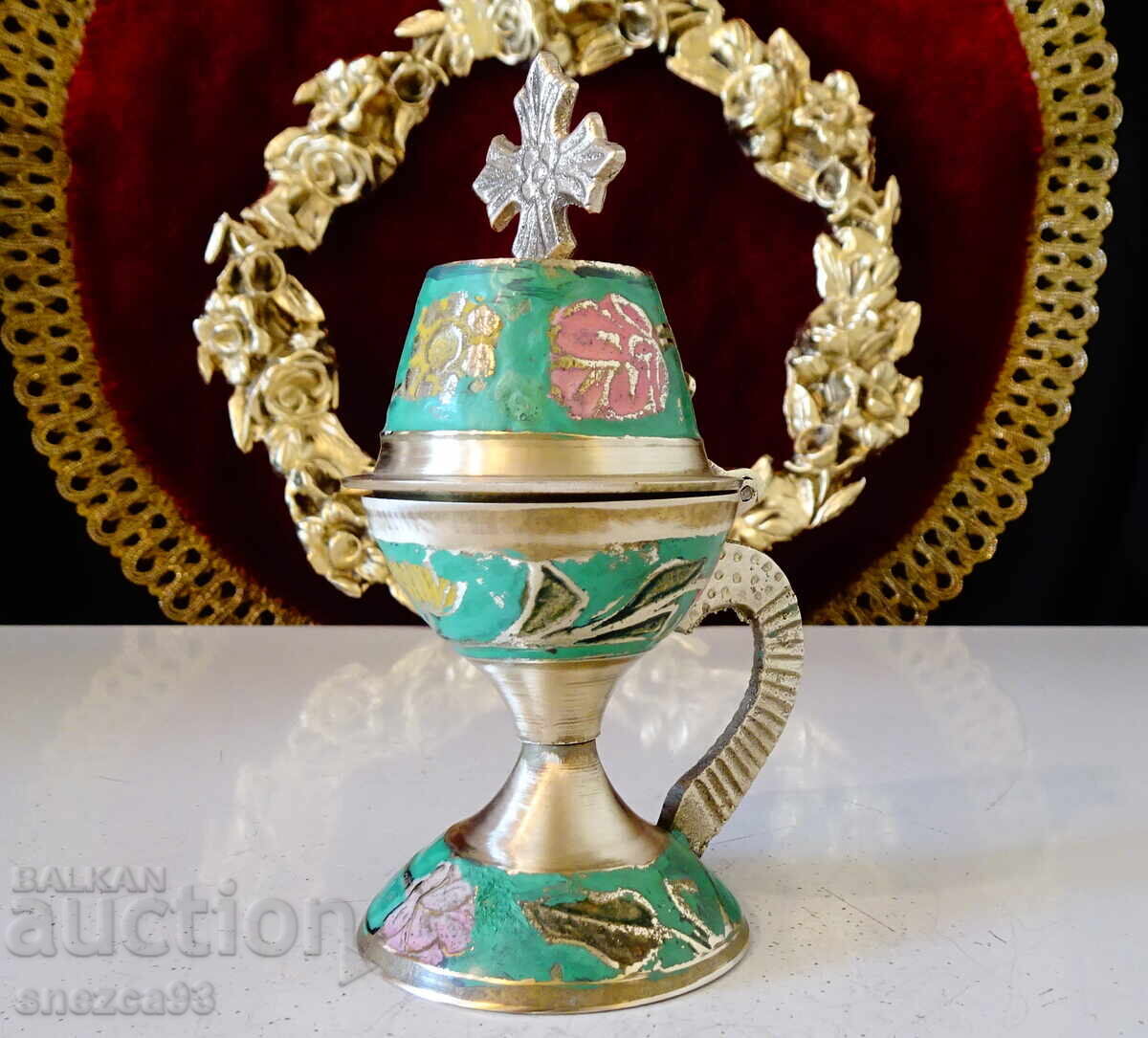 Orthodox bronze oil lamp, censer, cloisonné enamel