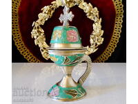 Candelă ortodoxă din bronz, tămâierniță, email cloisonné