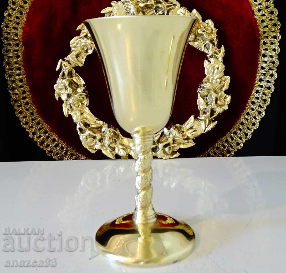 Παράδοση Χάλκινο ποτήρι κρασιού 140 ml, ανάγλυφο σταφύλι, επιχρύσωση