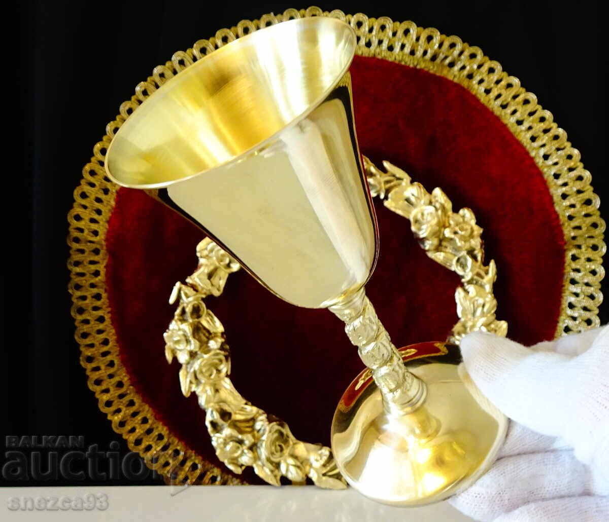 Χάλκινο ποτήρι κρασιού 140 ml, ανάγλυφο σταφύλι, επιχρύσωση - 5