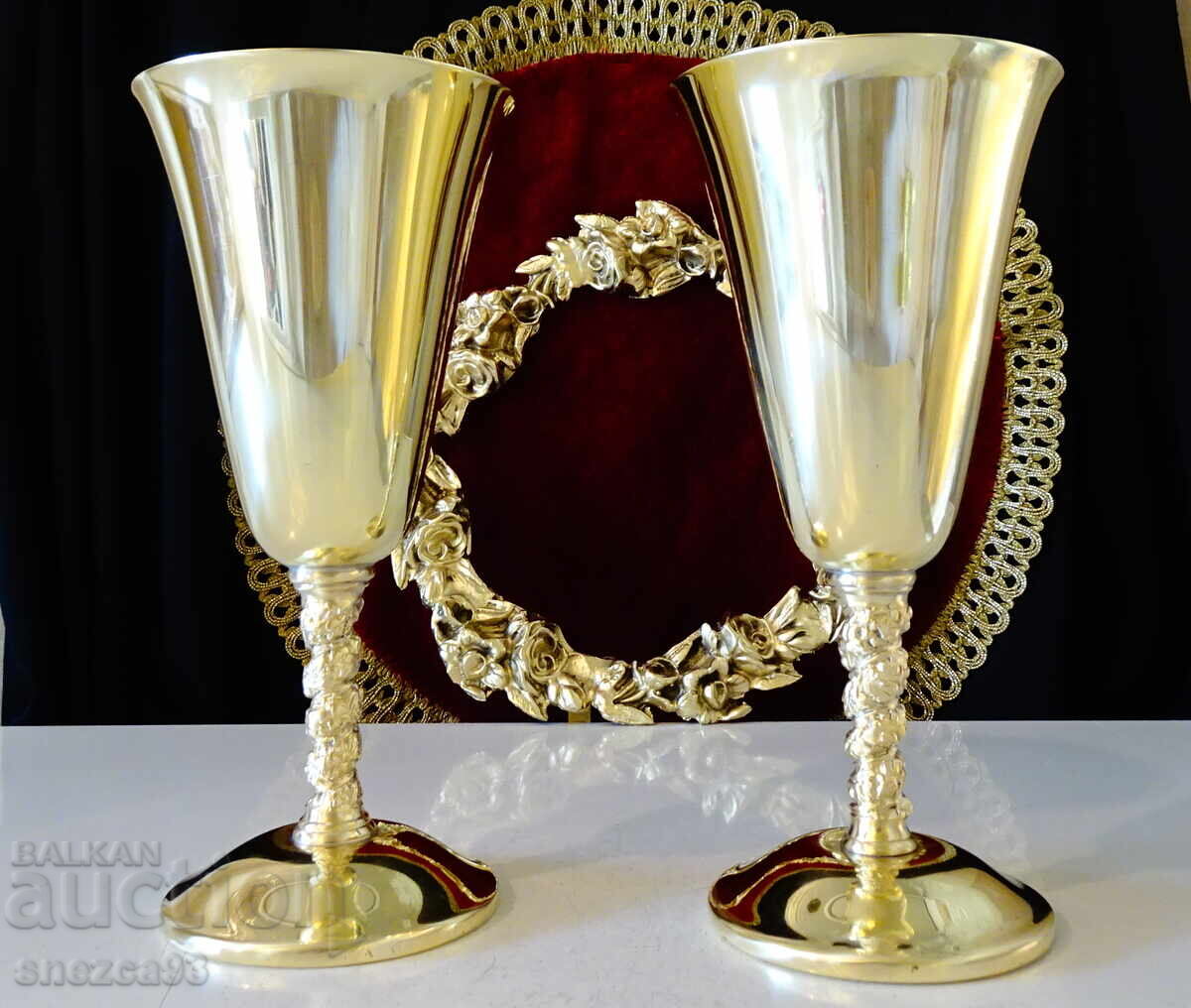 Χάλκινα ποτήρια κρασιού 250 ml, αμπέλια, σταφύλια, επιχρύσωση