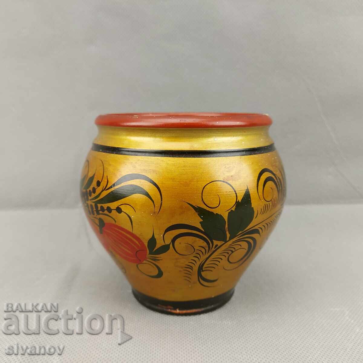 Auction Old hand-painted Russian wooden vase with Khokhloma #3578 Auction Old hand-painted Russian wooden vase with Khokhloma #3578