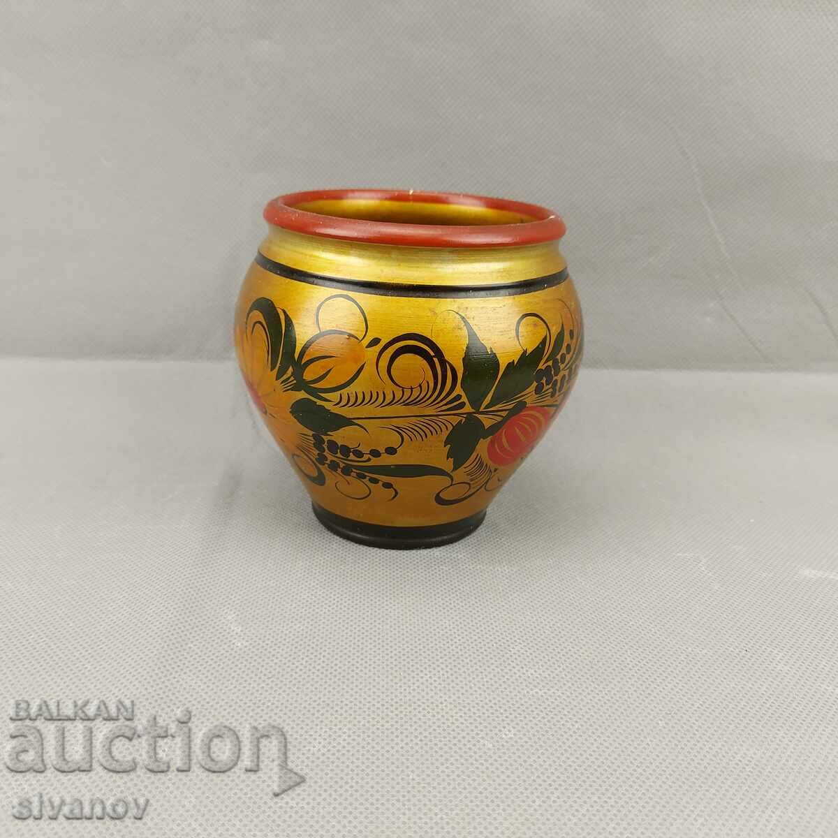 Old hand-painted Russian wooden vase with Khokhloma #3578 Old hand-painted Russian wooden vase with Khokhloma #3578