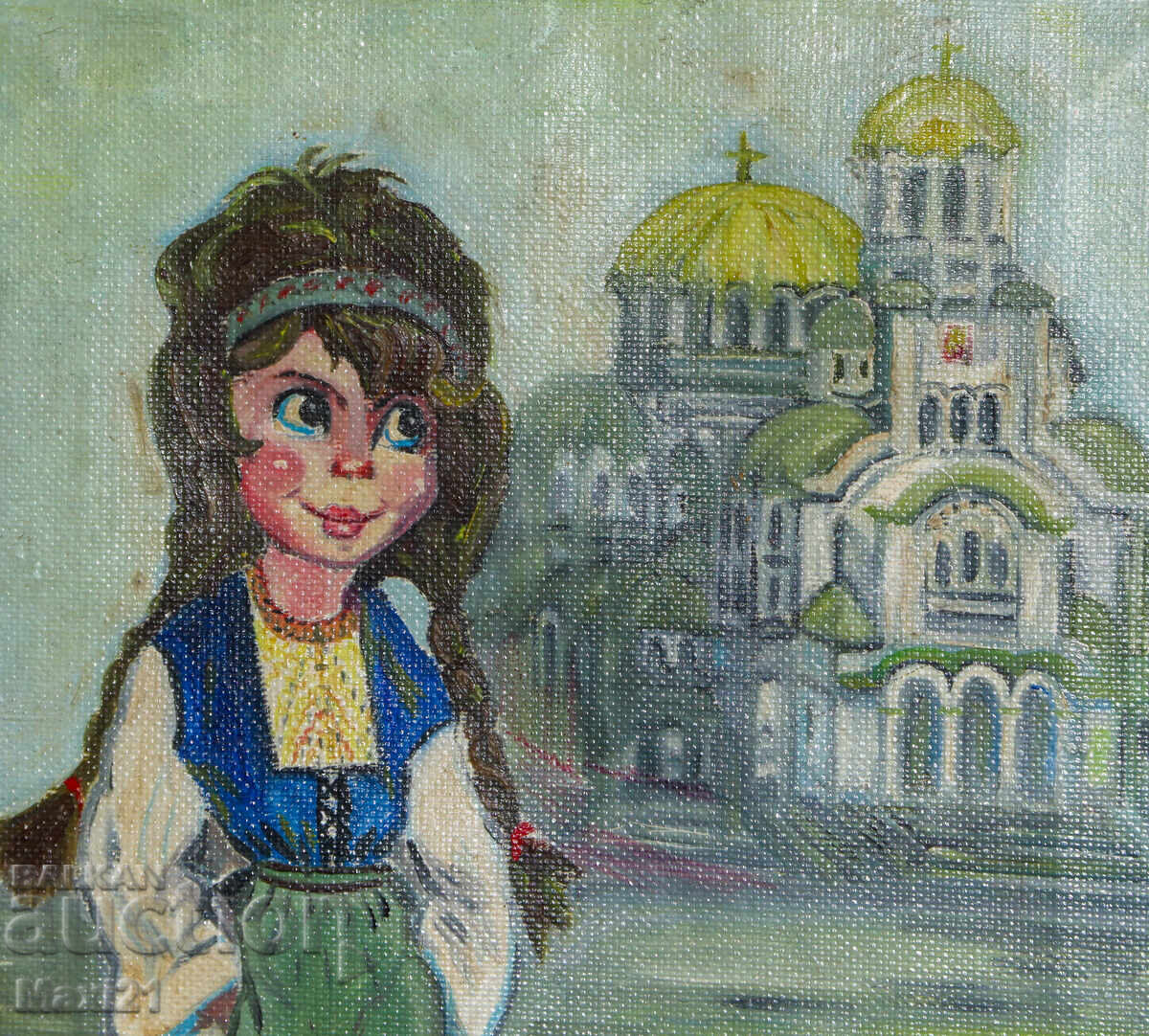 Delivery of Oil painting, girl in traditional costume in front of "St. Alexander Nevsky"