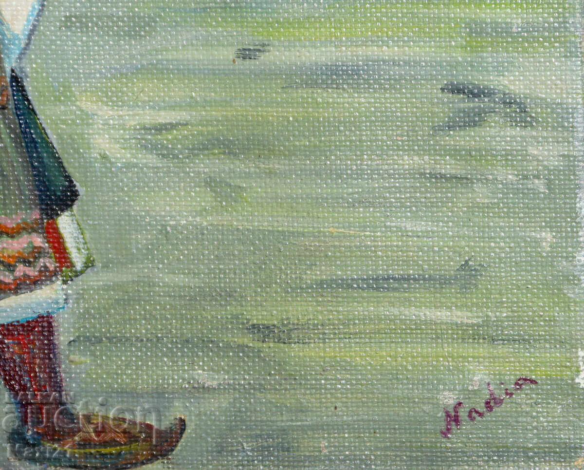 Oil painting, girl in traditional costume in front of "St. Alexander Nevsky" - 6