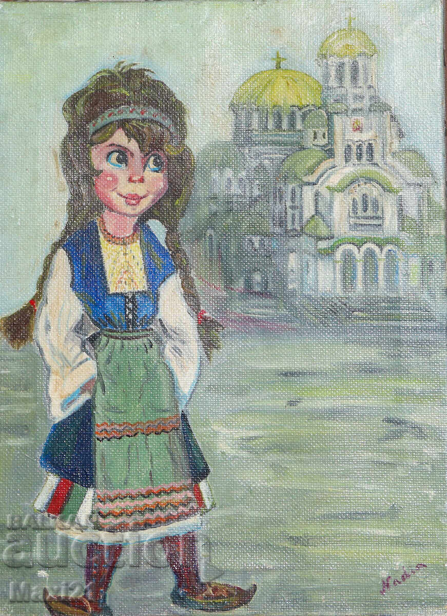Oil painting, girl in traditional costume in front of "St. Alexander Nevsky"