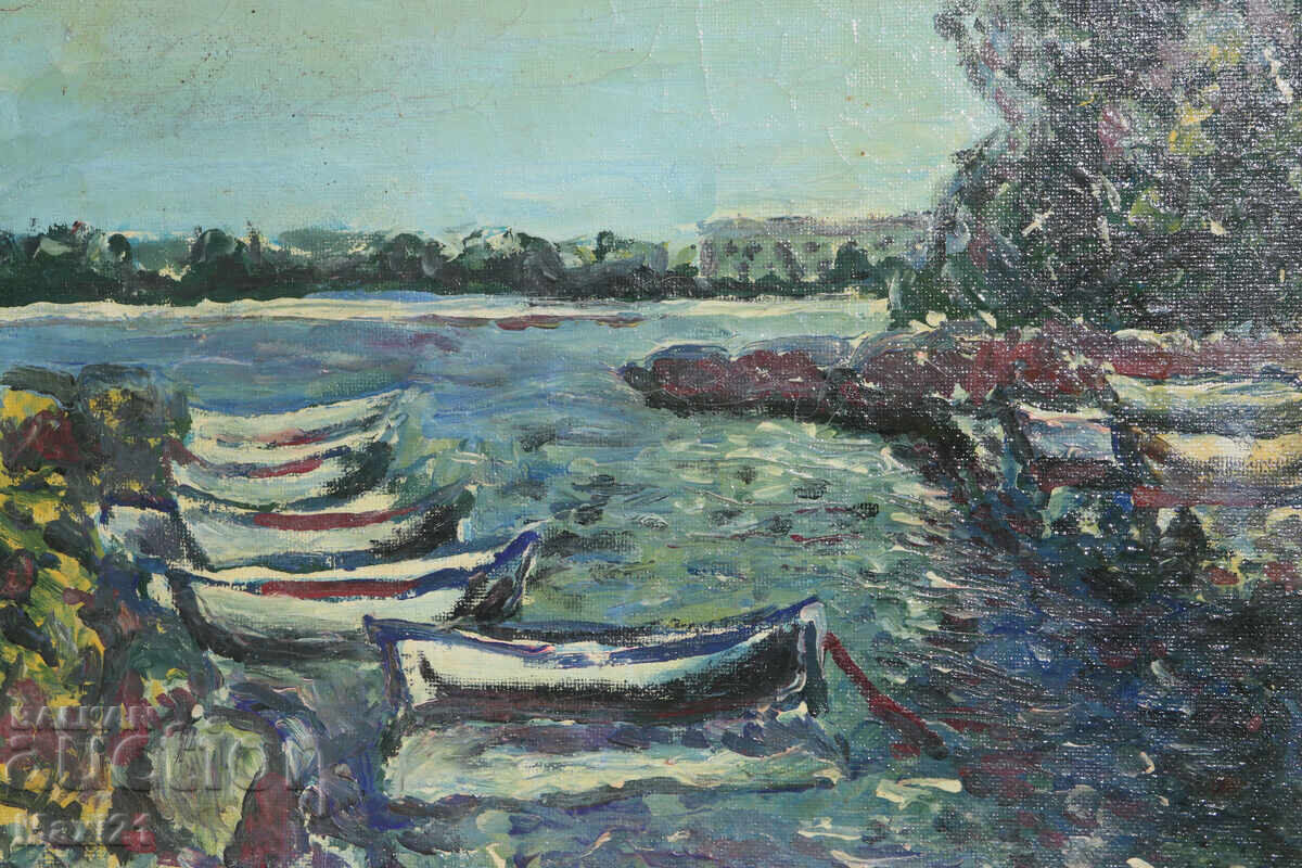Licitație Peisaj marin cu bărci, pictură în ulei