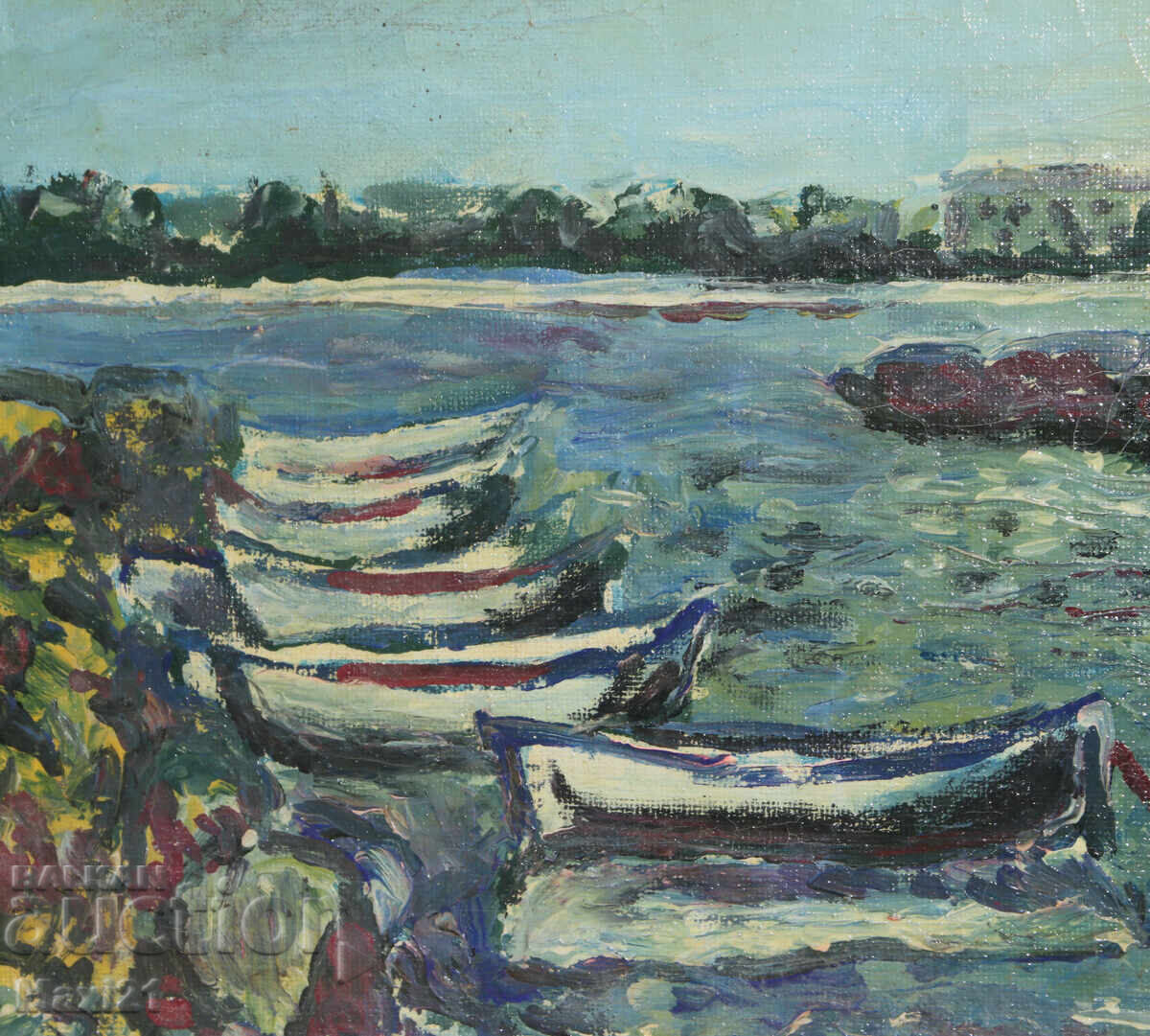 Peisaj marin cu bărci, pictură în ulei - 5