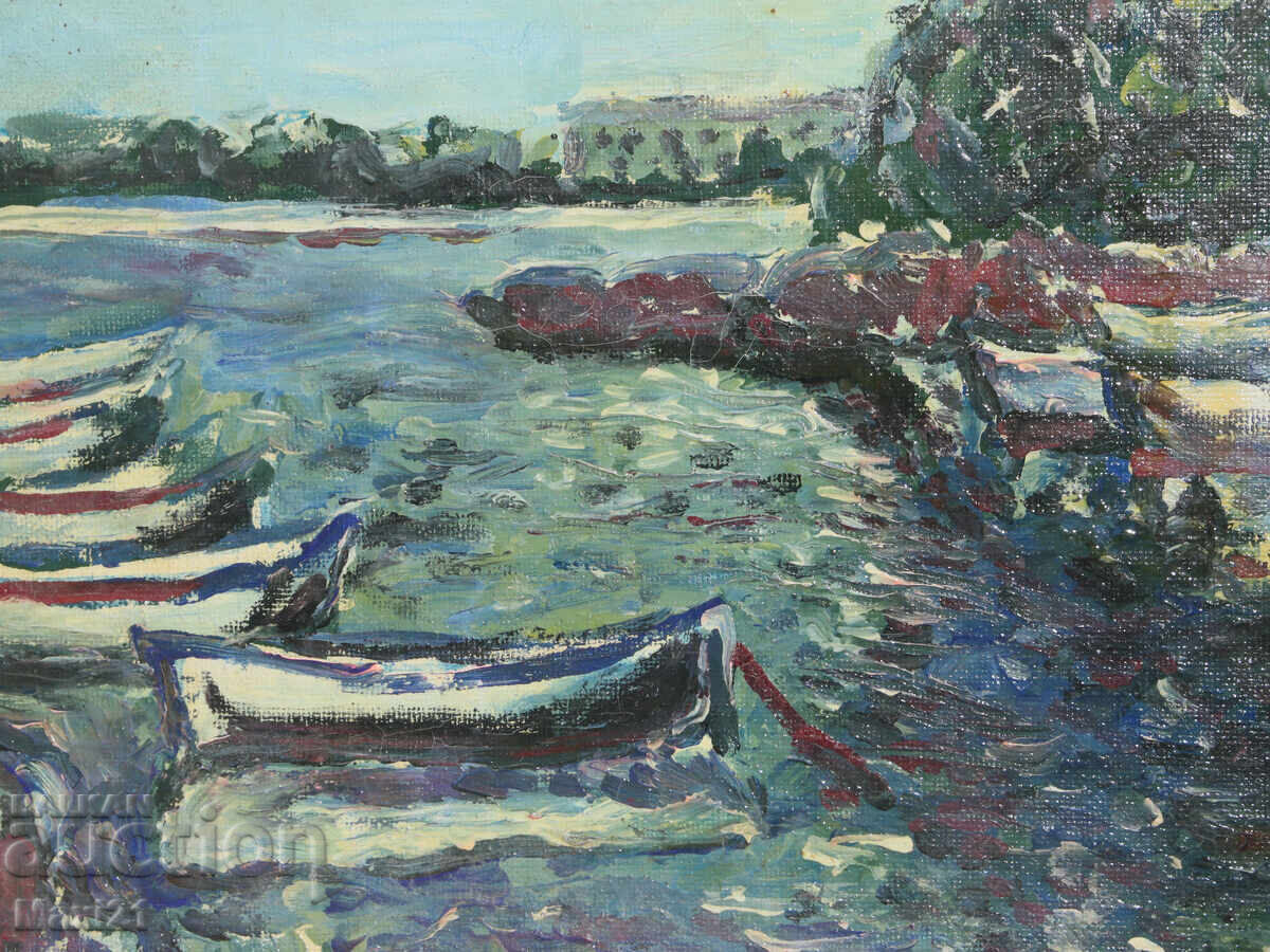 Peisaj marin cu bărci, pictură în ulei - 6