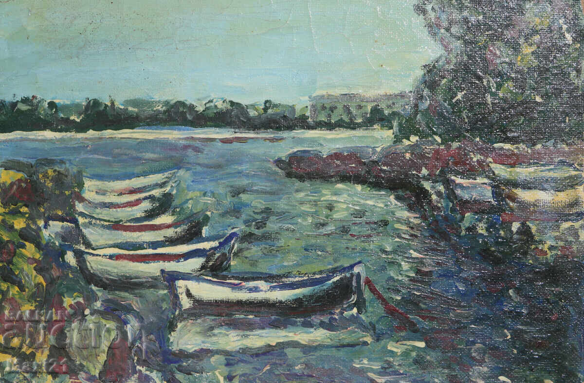 Peisaj marin cu bărci, pictură în ulei