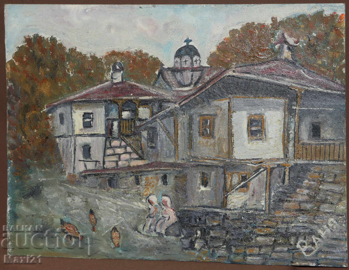 Case din epoca Renașterii, peisaj rustic, pictură în ulei cu preț 230.00 BGN | € 117.60