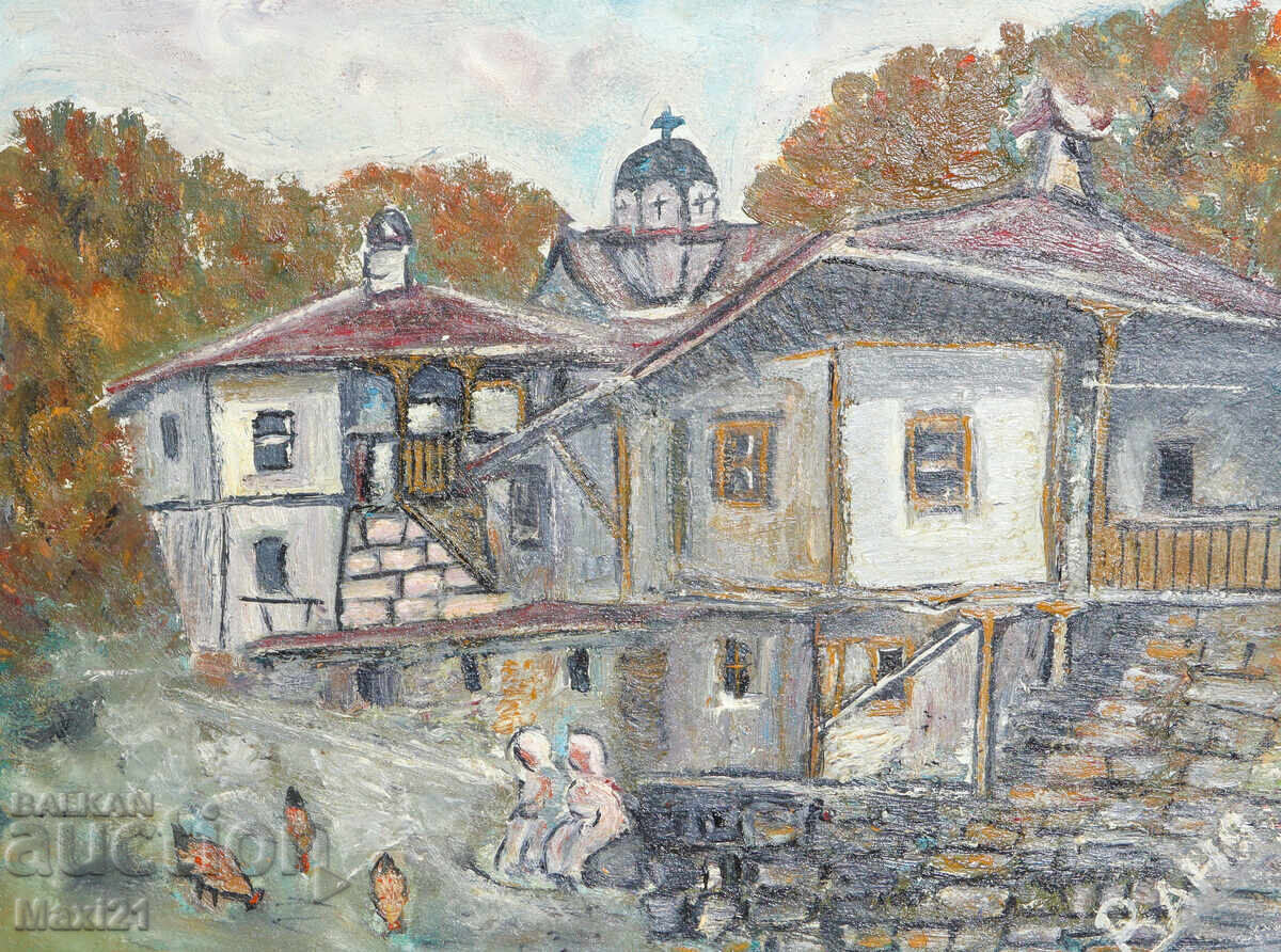 Case din epoca Renașterii, peisaj rustic, pictură în ulei