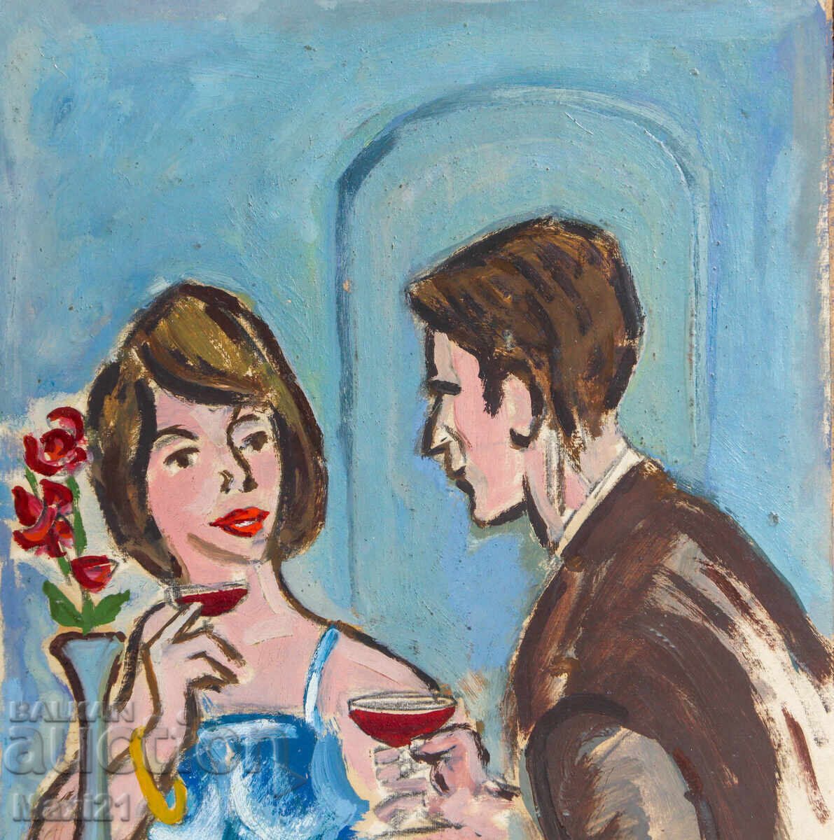 Auction Painting tempera paints portrait couple Auction Painting tempera paints portrait couple
