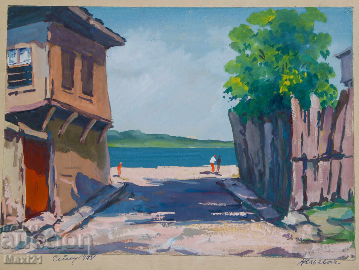 Seascape painting gouache, signed 1978