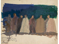 Old painting figurative composition gouache