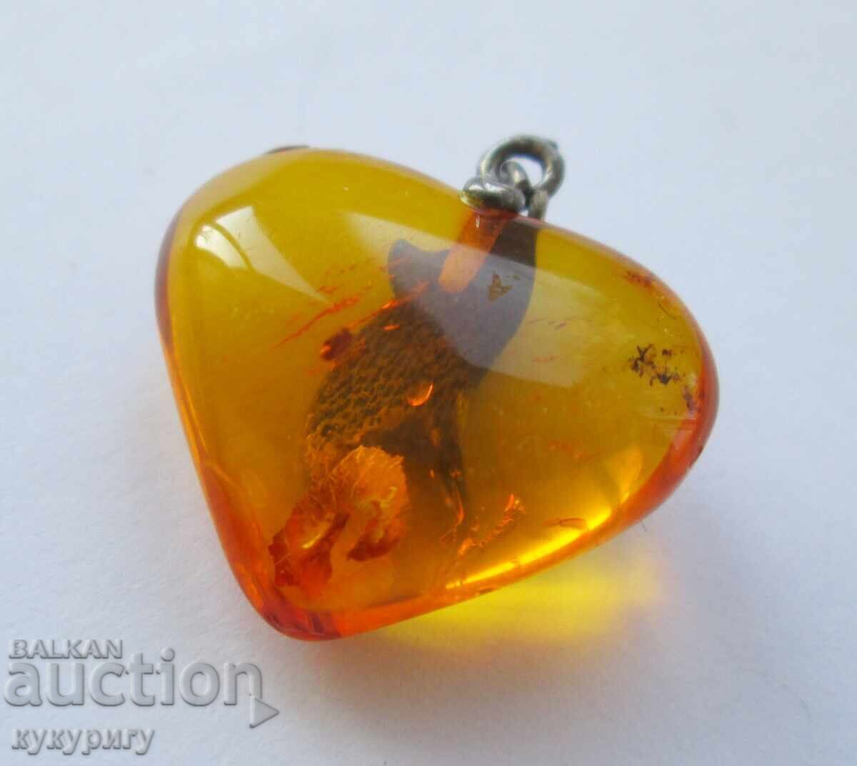 Livrarea Pandantiv delicat din chihlimbar în formă de inimă, chihlimbar și argint