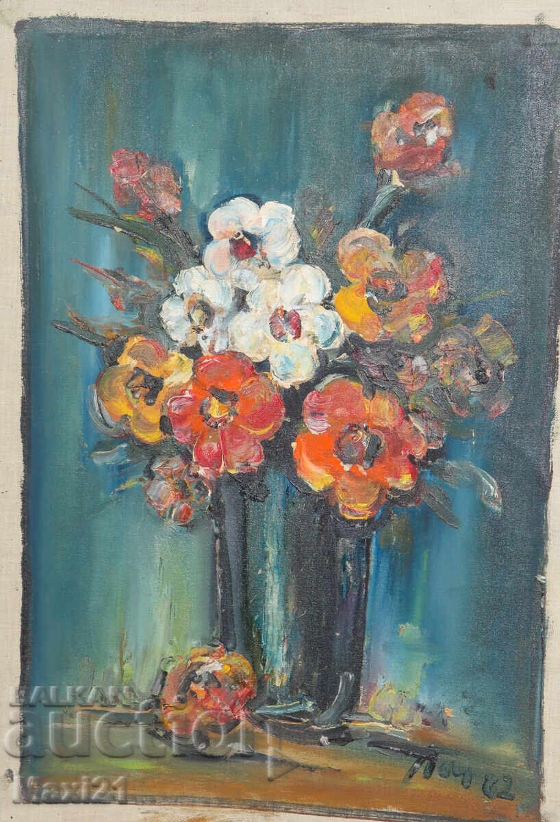 Auction  Oil painting still life vase with flowers 1982