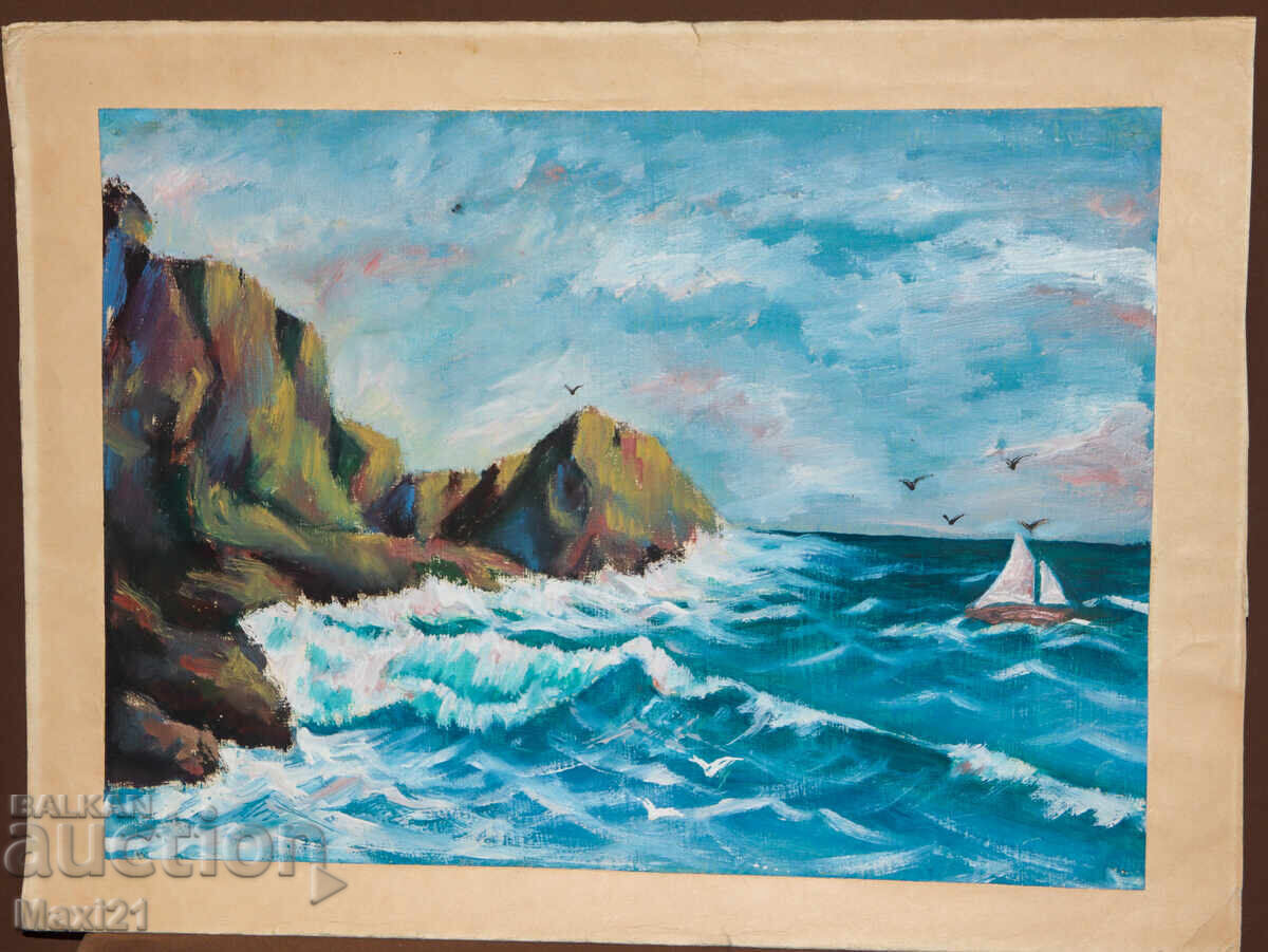Tablou în ulei, țărm stâncos de mare, peisaj cu preț 220.00 BGN | € 112.48