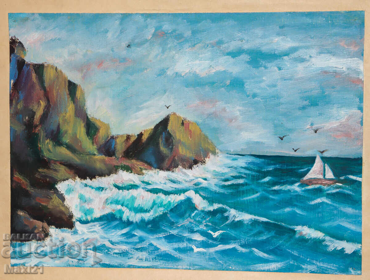 Licitație Tablou în ulei, țărm stâncos de mare, peisaj